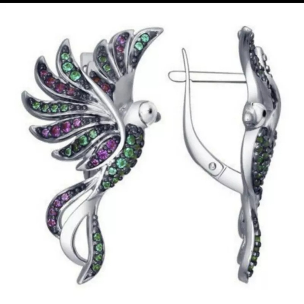Silver titanium amethyst and emerald crystal flying pheonix earrings new